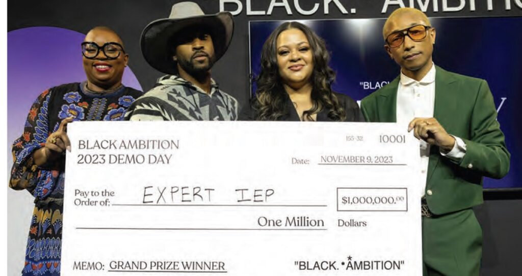 Felecia Hatcher, CEO of Black Ambition; Leo Creer, co-founder and CTO of Expert IEP; grand prize winner Antoinette Banks, CEO and founder of Expert IEP; and Pharrell Williams, founder of Black Ambition.