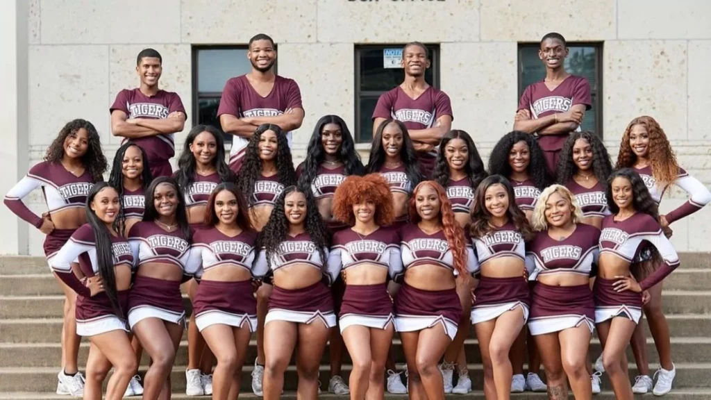 Group photo of a group of African American black female cheering squads and male players