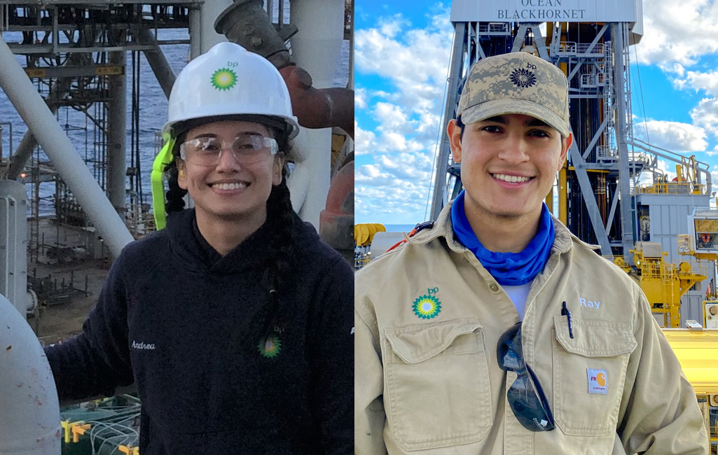 Ray Lopez and Andrea Espinosa side by side image of them on board oil rigs