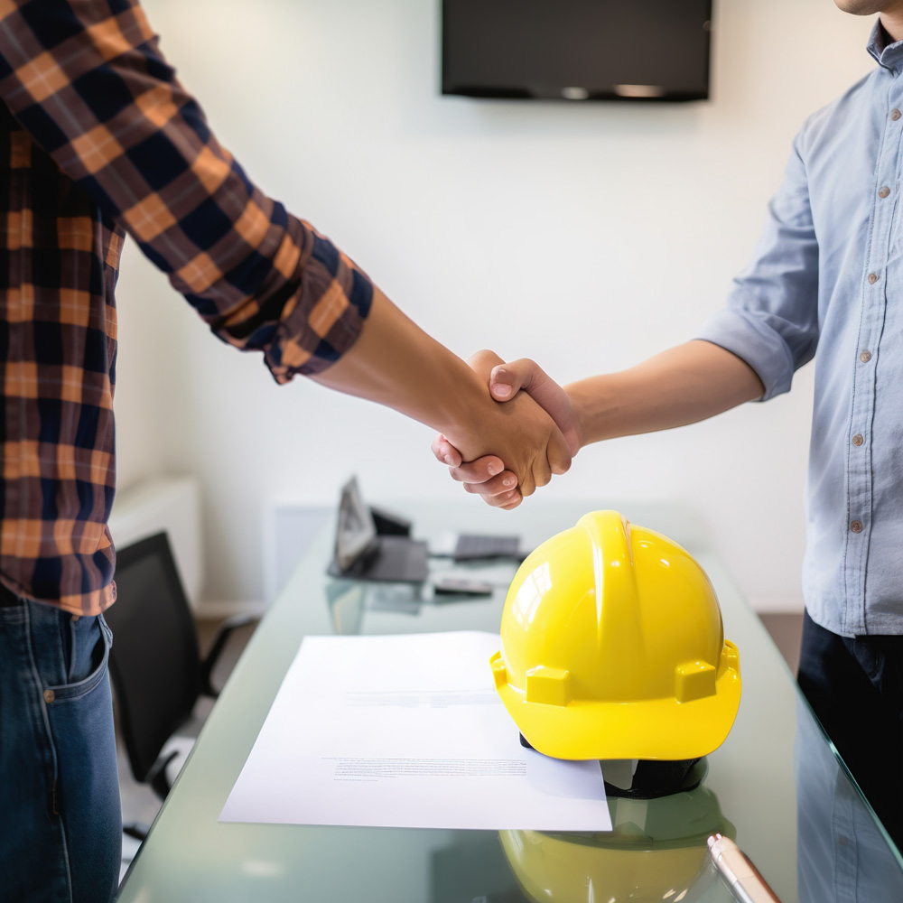 Two people shaking hands, having a construction helmet on the table