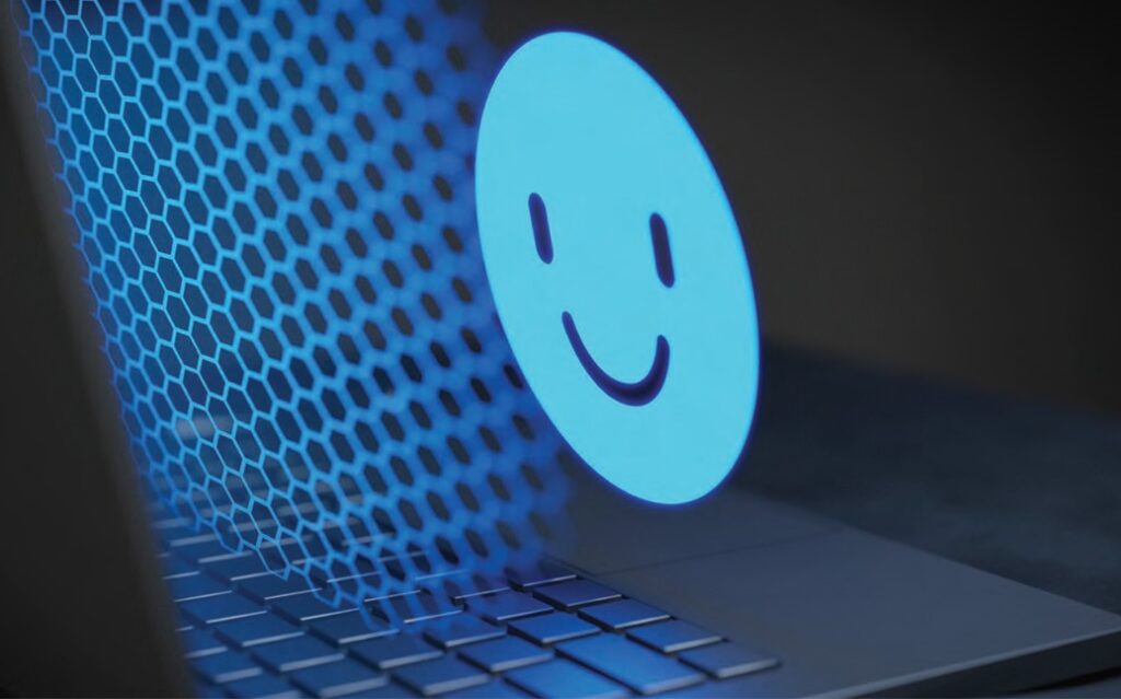 computer screen with a large happy face