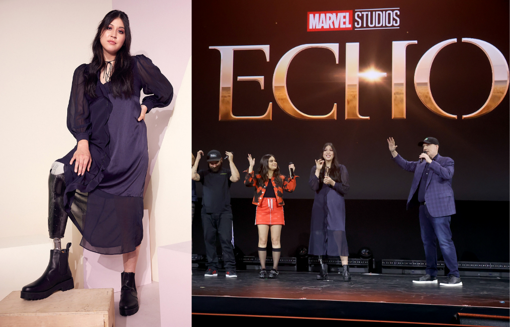 Alaqua Cox with cast members and Kevin Feige, president and chief creative officer of Marvel Studios