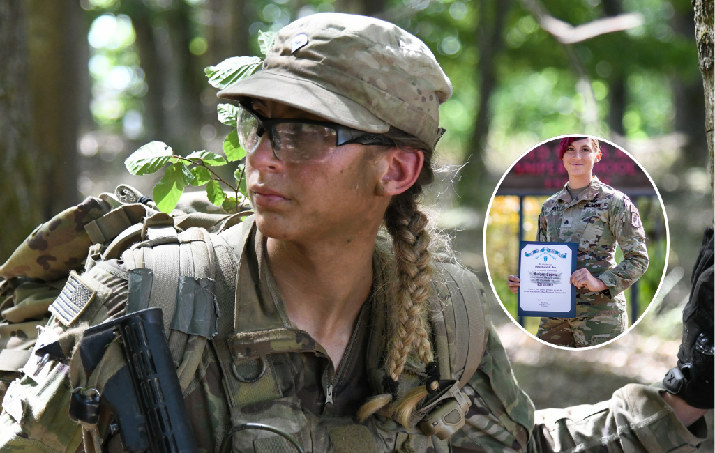 The First Active-Duty Female Army Sniper—Sgt. Maciel Hay dressed in camoflauge and war paint.